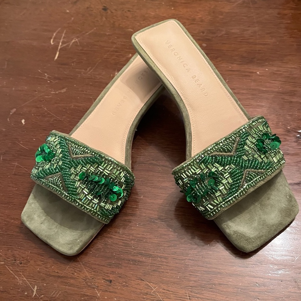 Veronica Beard Green Beaded Slide Heels